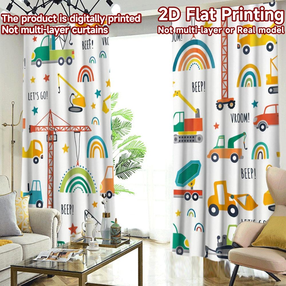 2D-Flachdruck, 2-teilige Vorhänge (Ohne Stange) Baufahrzeuge und Regenbögen Beliebter Minimalistischer Vorhangstoff Vorhänge Geschenk