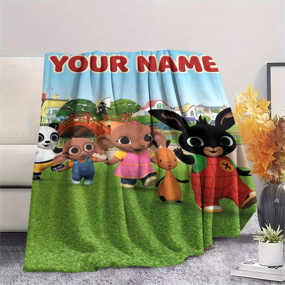 1PC Custom Name Bing Bunny Patterned Flannel Blanket Suitable For All Seasons for Home Decor Warmth and Comfort Gifts Holiday Present
