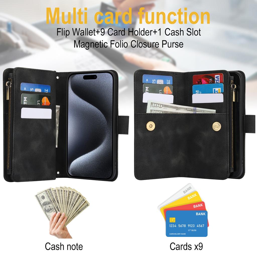 Peněženka 9 slotů na karty Flip Zipper Kožené pouzdro pro iPhone 16 15 Plus 14 13 12 11 Pro Max XR X Samsung S24 S23 S22 S21 Ultra Plus FE A15 A55 A14 A34 A54