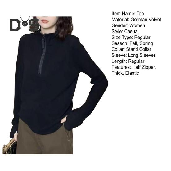 Lady Fall Winter Top Half Zipper Stand Collar Neck Protection Solid Color Loose Bottoming Sweatshirt Long Sleeves Elastic Layering Clothes for Sport