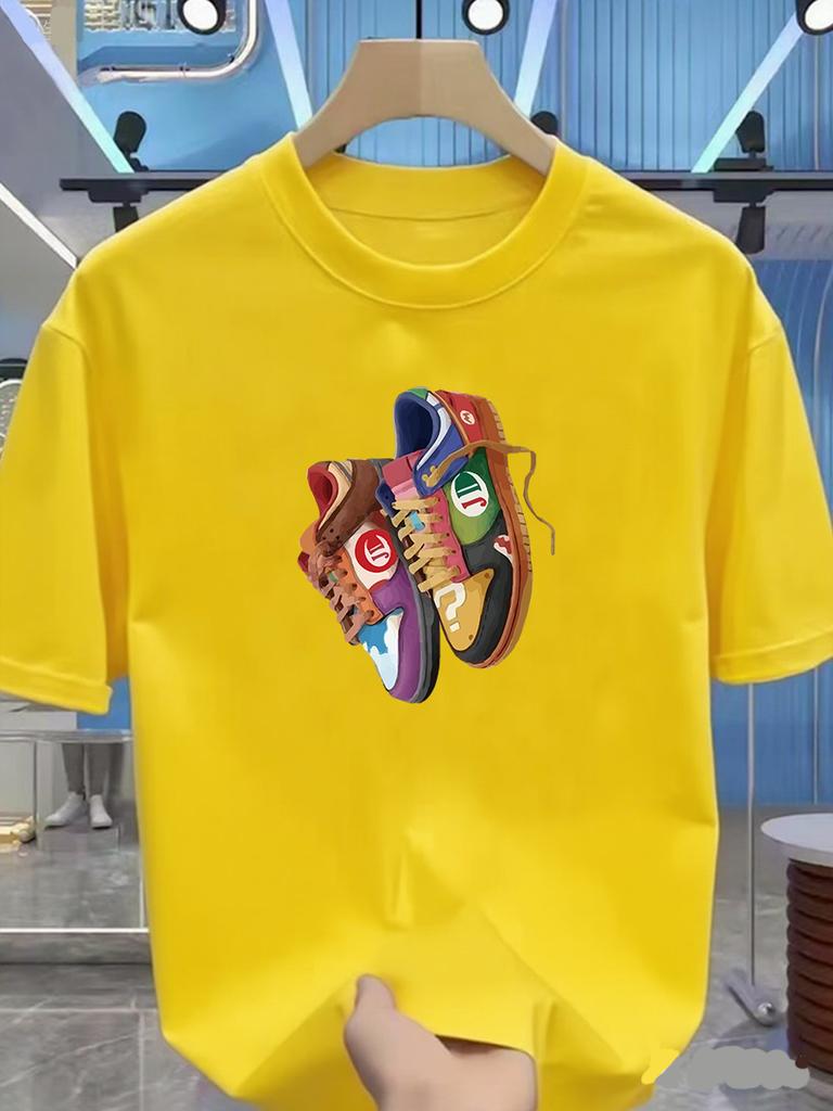 Men's Summer Cotton T-shirt - Fashion Brand - Tight Sportswear Style - Teenage Trendy Style - Printed Shoes - Short-sleeved Top