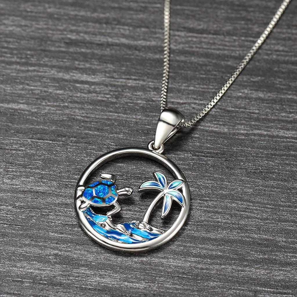 Boho Vintage Beach Wave Sea Turtle Pendant Necklace for Women Girl Fashion Imitation Blue Opal Necklace Wedding Jewelry