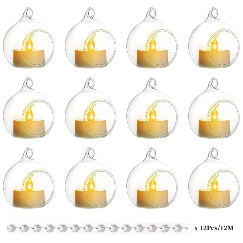 6/12Pcs Hanging Candle Holder Glass Globes Orbs with Crystal Bead Garland Tea Lights Candles Holder for Wedding Party Tree Decor