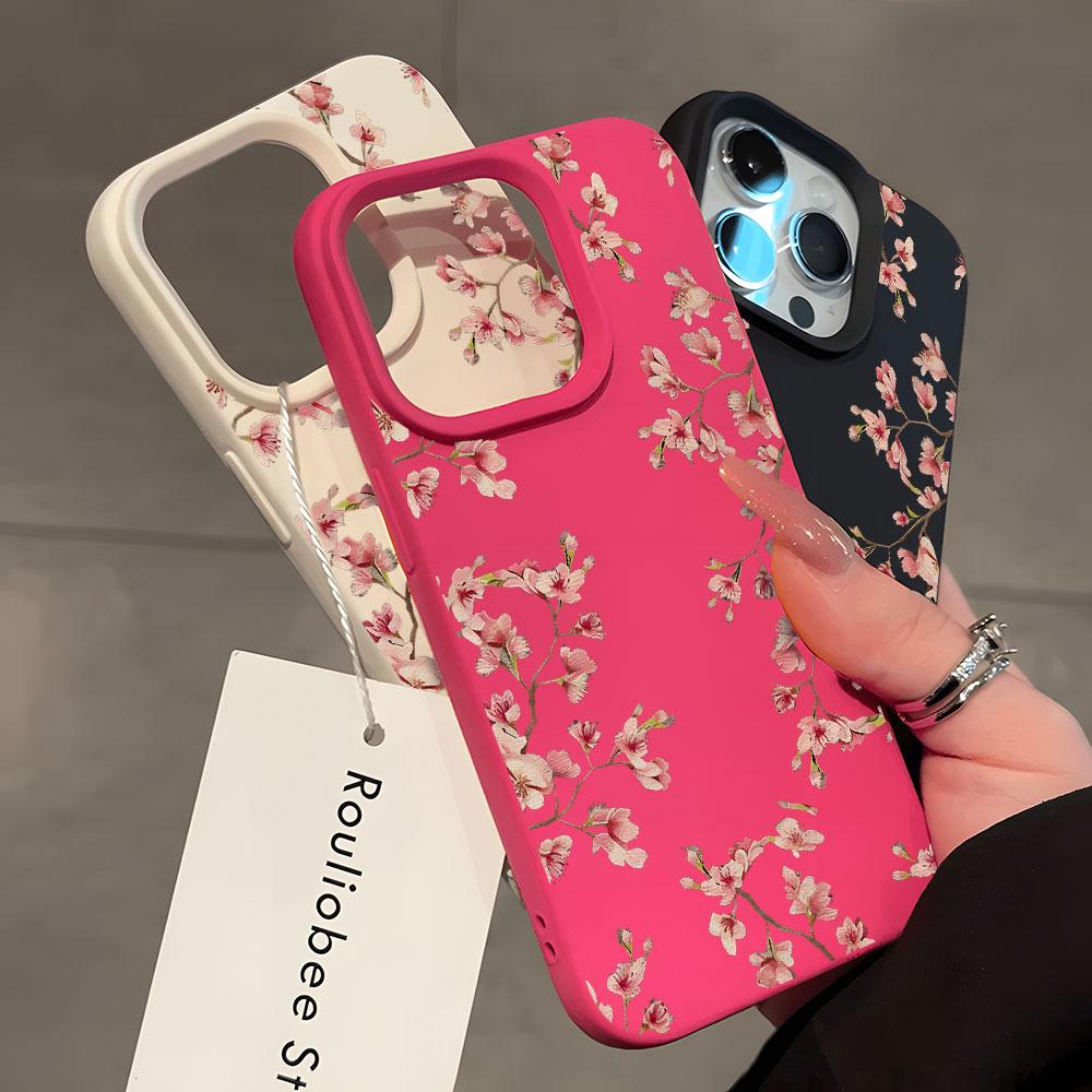 Pink Cherry Blossom Pattern Lychee Soft Phone Case For Samsung A05S A06 A07 A15 A16 A34 A35 A53 A54 S23 S25 Ultra Cover