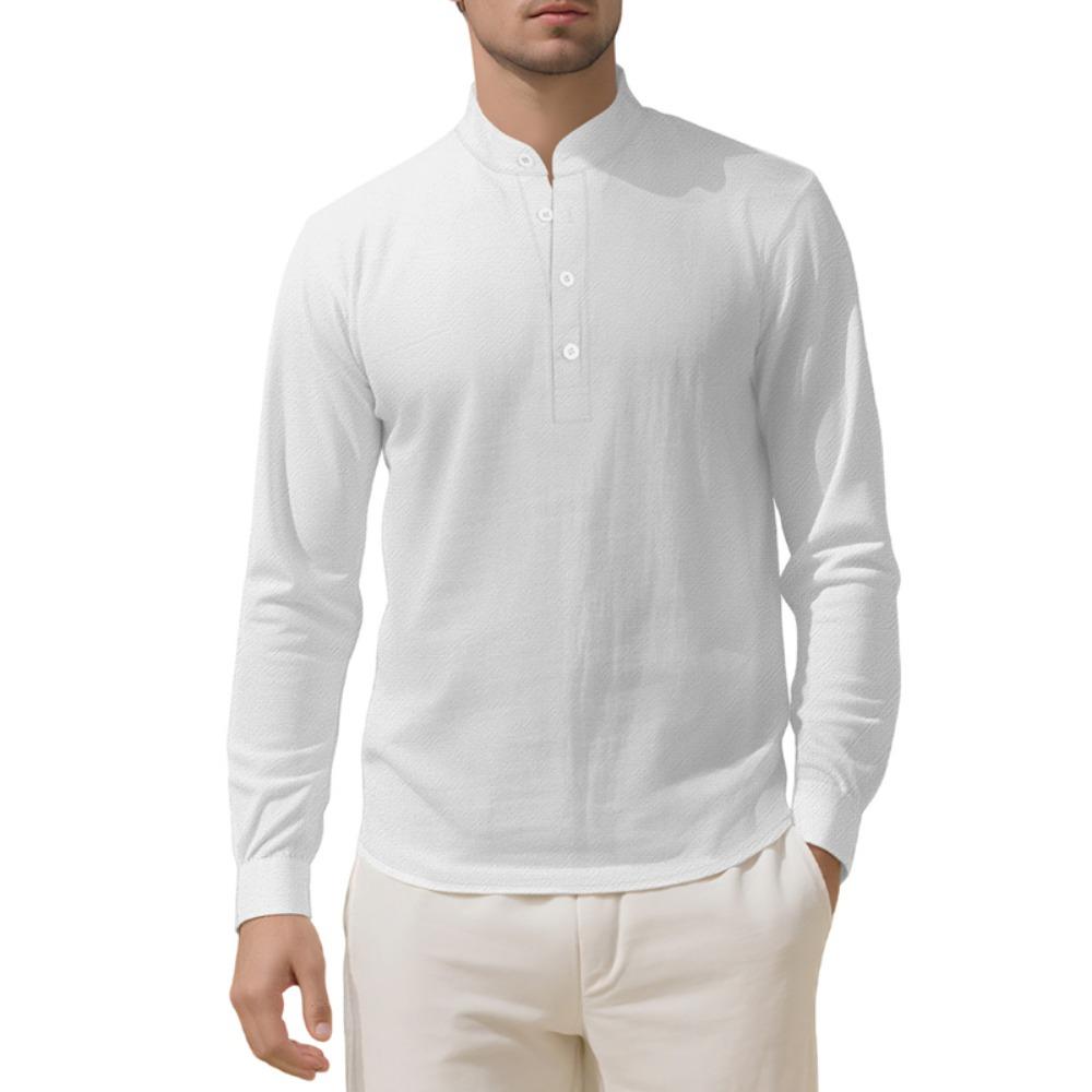 Pánské bavlněné lněné tričko s dlouhým rukávem Tenký volný top Retro Vintage Módní městské oblečení Stojatý střih Mládežnická velikost