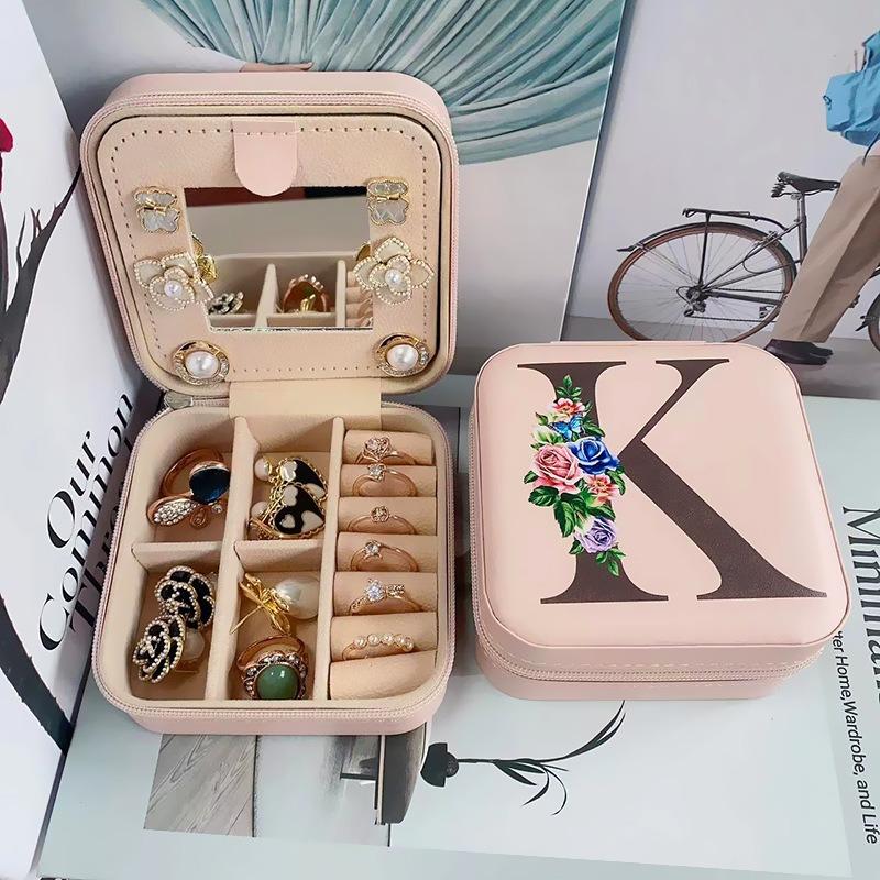 PU Leather Jewelry Box Mirror Storage Box 26 Letter Printed Portable Jewelry Organizer Earring Ring Necklace Case
