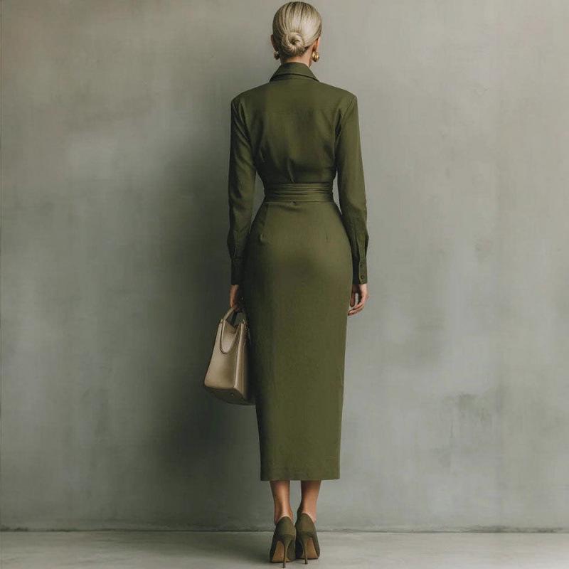 2025 Autumn Slim Fit Long Sleeve Dress: Elegant Women's Shirt Collar Long Skirt