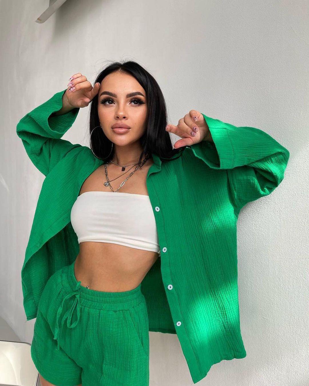 

Комплект женский трансграничный 2023 с длинным рукавом и шортами S зелёный