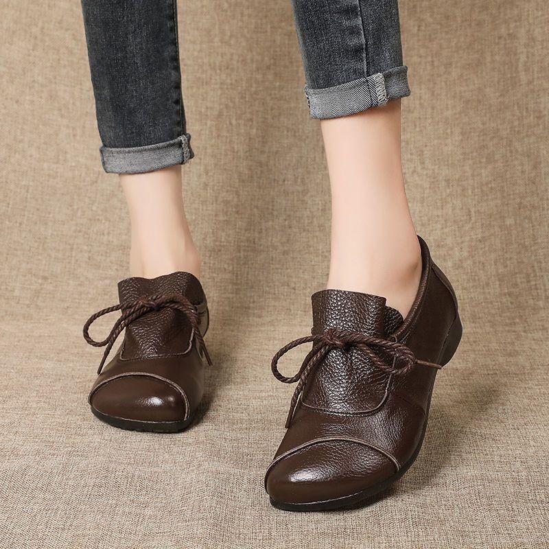 Leather beef tendon soft sole non-slip single shoes women's autumn new flat bottom retro mother women's shoes comfortable casual shoes