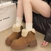 Fur Women Snow Ankle Boots Suede Mid Heels Short Plush Cotton Shoes 2025 Trend Winter Chunky Pumps Warm Casual Botas De Mujer