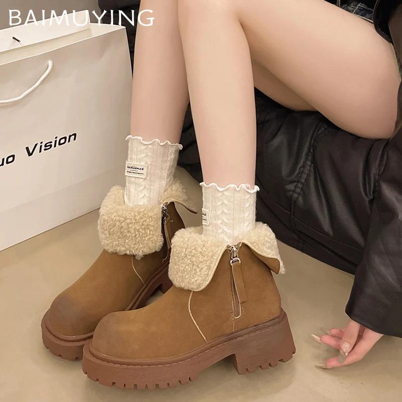 Fur Women Snow Ankle Boots Suede Mid Heels Short Plush Cotton Shoes 2025 Trend Winter Chunky Pumps Warm Casual Botas De Mujer