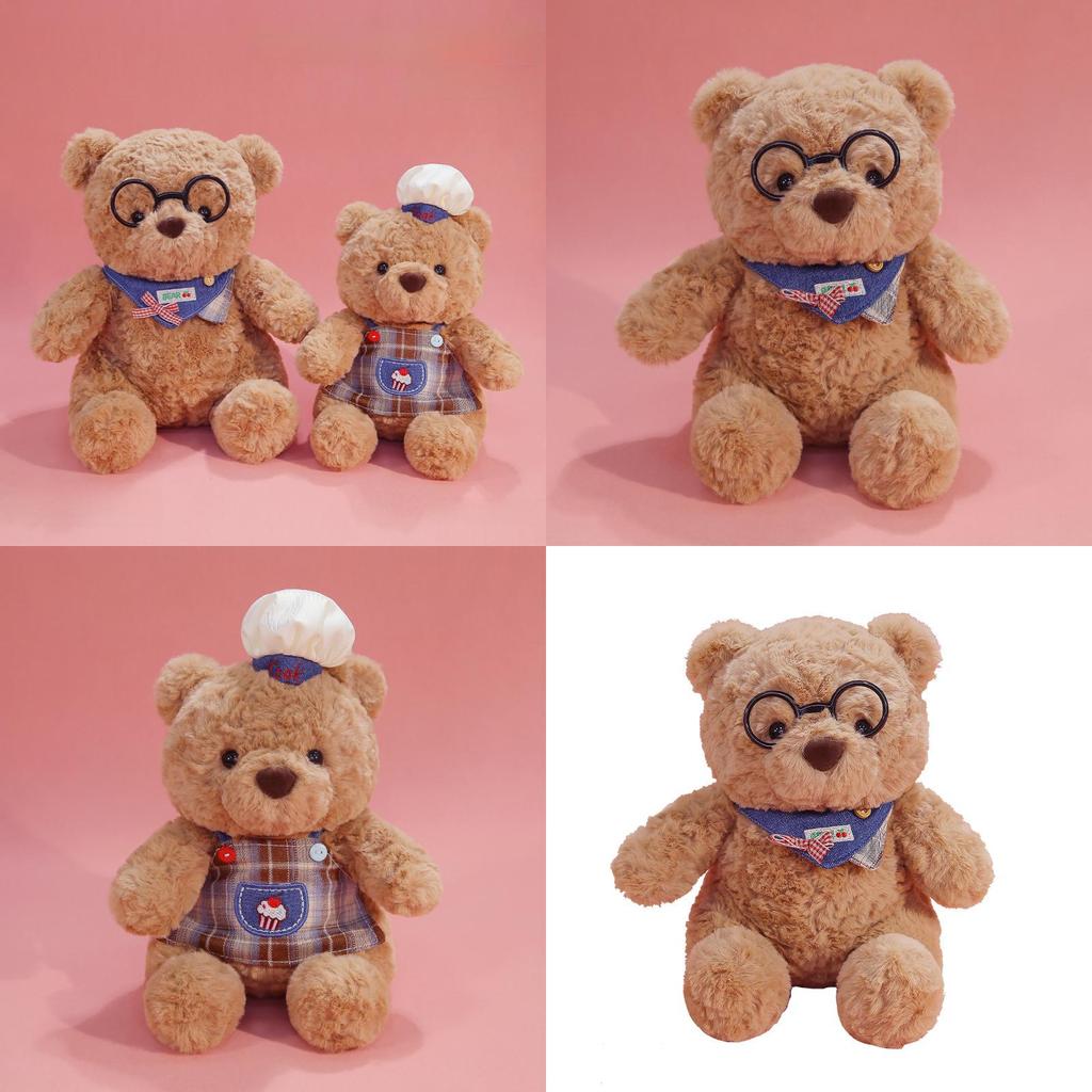 Teddy Bear Plush Toy With Checkered Apron And Eyeglass Decor For Kids And Comfort
