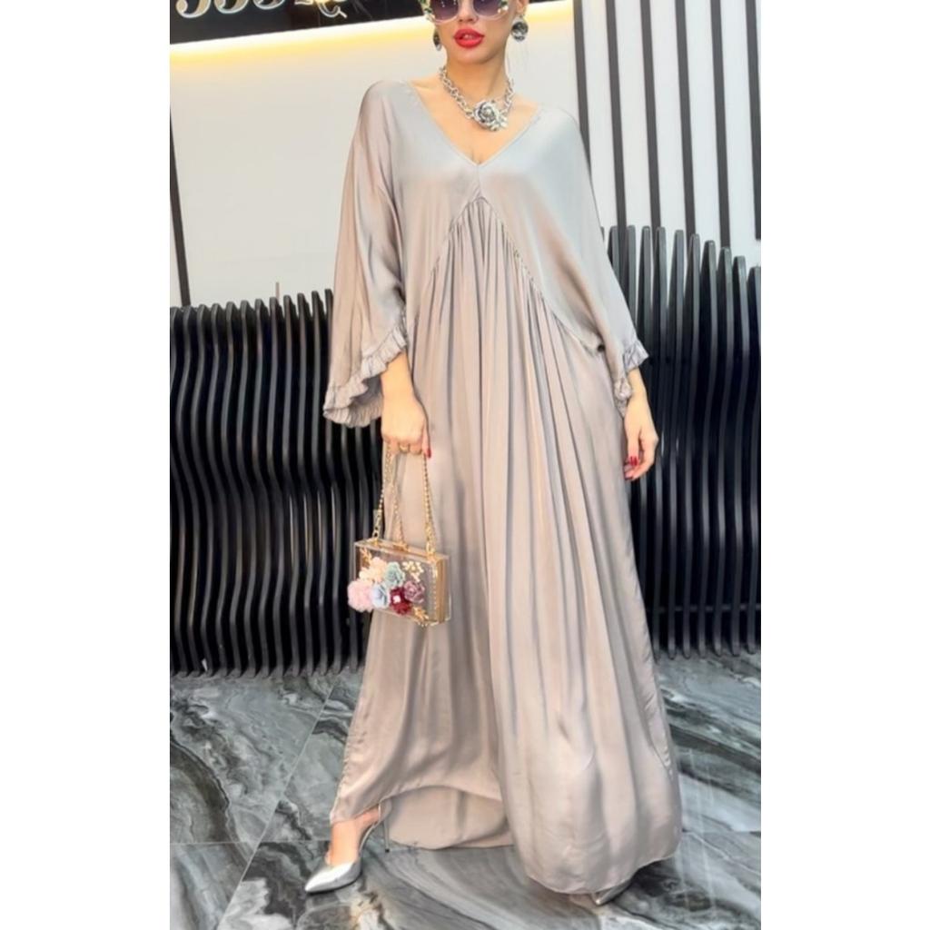 Summer Women's Fashion Casual Satin Ruffle Sleeve Ruched Long Maxi Dress for European American