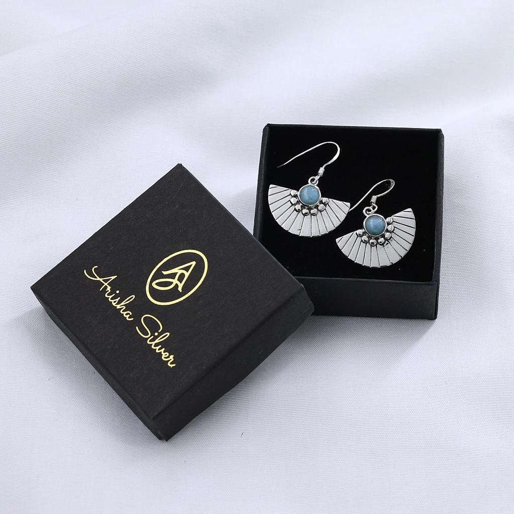 Larimar Gemstone Fan Earring 925 Sterling Silver Handmade Jewelry Women Earring