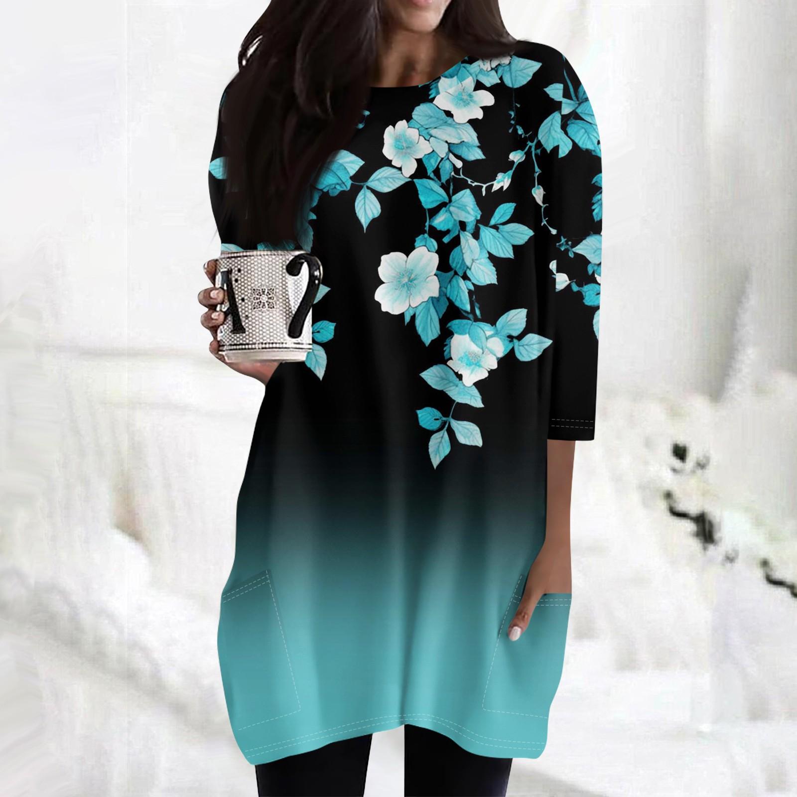 

Жіночі повсякденні сорочки з рукавом 3/4, модні туніки з принтом і кишенями XL небо синє кольору