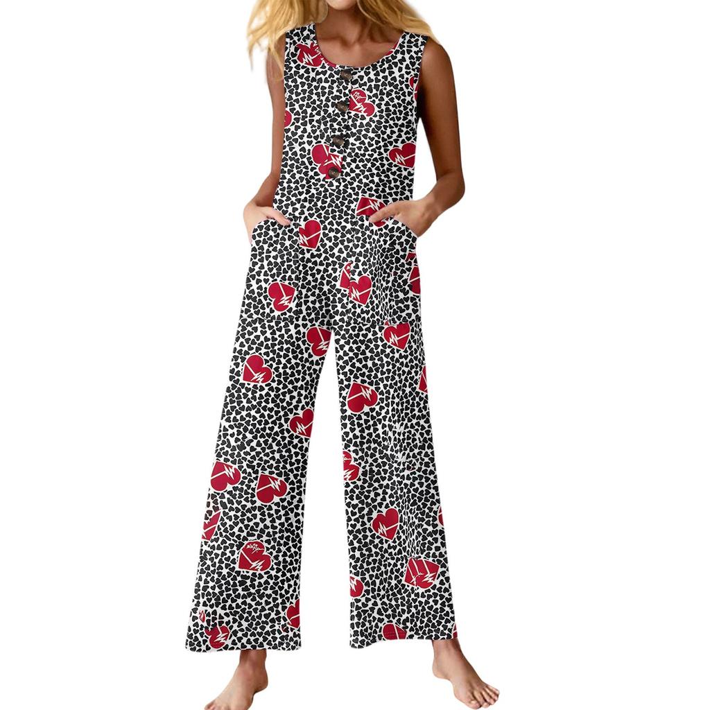 Women's Fashion Casual Button Sleeveless Jumpsuit Floral Flower Print Cotton Pocket Jumpsuit