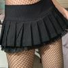 Women Mini Pleated Skirts Gothic Punk Mid Waist Stripe Print Lace Ruffle Harajuku School Zip Up Short Skirt Y2K Mini Skirts