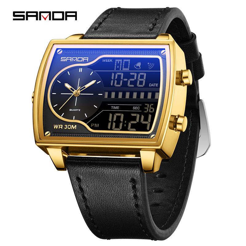 שעון ספורט רב-תכליתי עמיד למים לגברים מבית Sanda עם תצוגה כפולה מסוגננת.