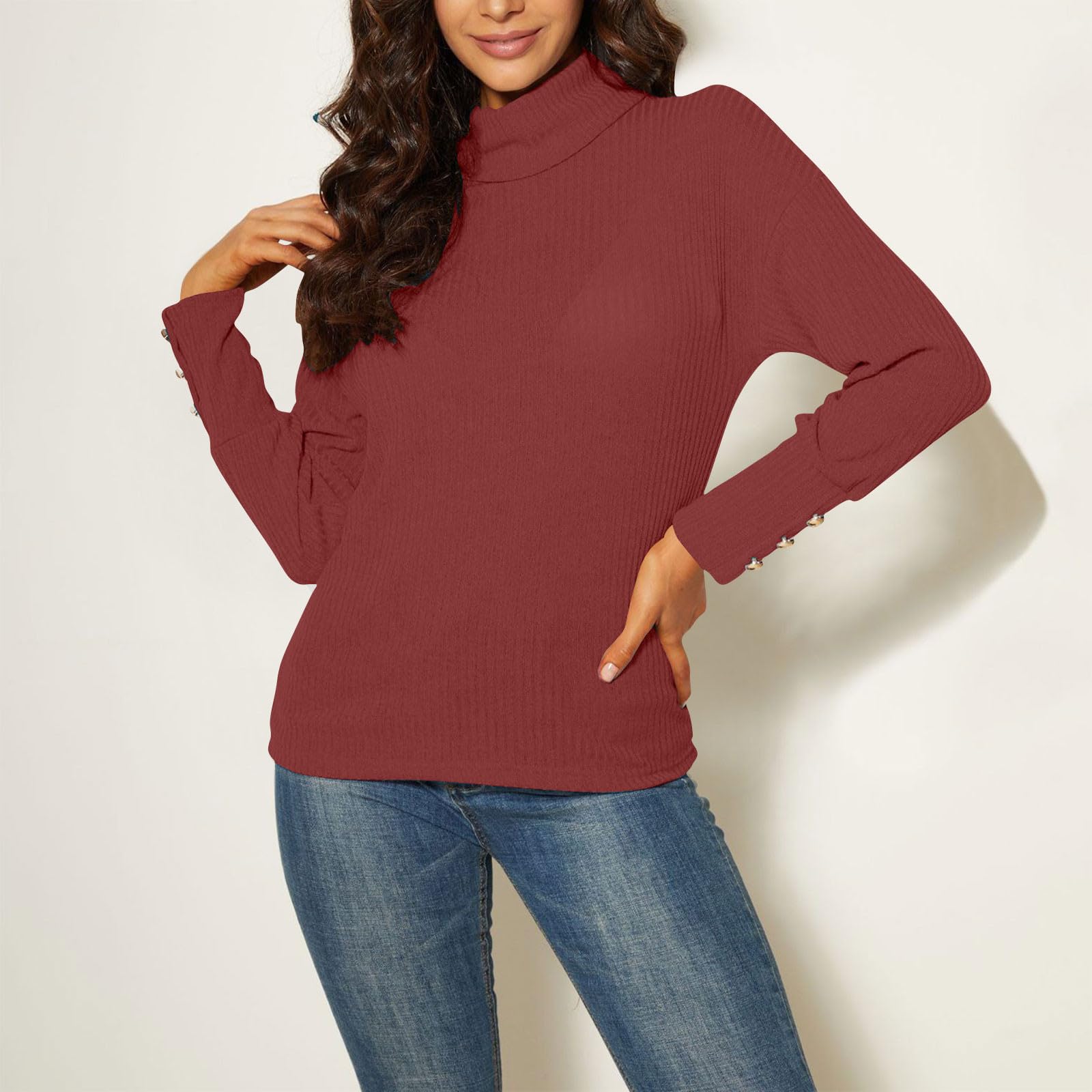 

Women s Casual Turtleneck Knitted Sweater Long-sleeved Warm Top XXL винный
