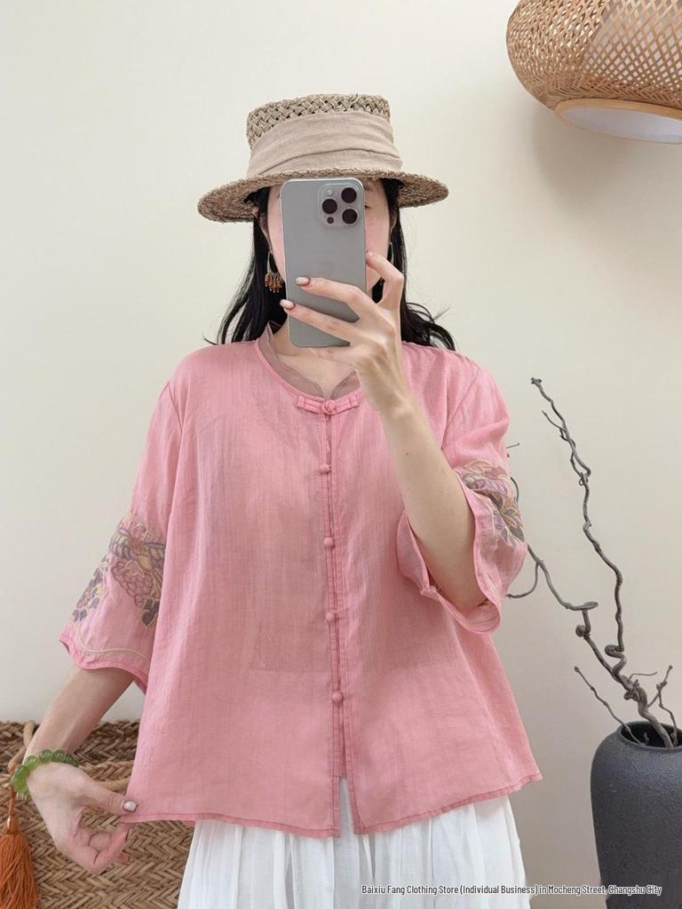 2026 Summer Women's Embroidered Ramie Shirt - Artistic Chinese Style, Stand Collar, Three-Quarter Sleeves