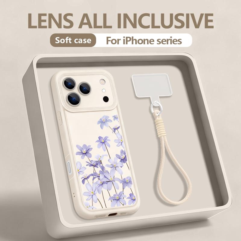 Purple Flowers Printed Lanyard Phone Case For iPhone 17 Pro Max Air 16E 16 14 15 Pro 12 13 Pro Max 11 Soft TPU Wrist Strap Cover