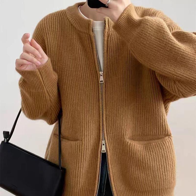 Double Zipper Sweater Cardigan for Women Solid Color Loose Spring and Autumn Knitted Jacket Top