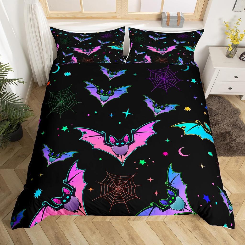 Comforter Halloween Bats Glitter Stars Galaxy Gothic Bedding Set Cute Cartoon Watercolor Bat Comforter Twin Queen Size