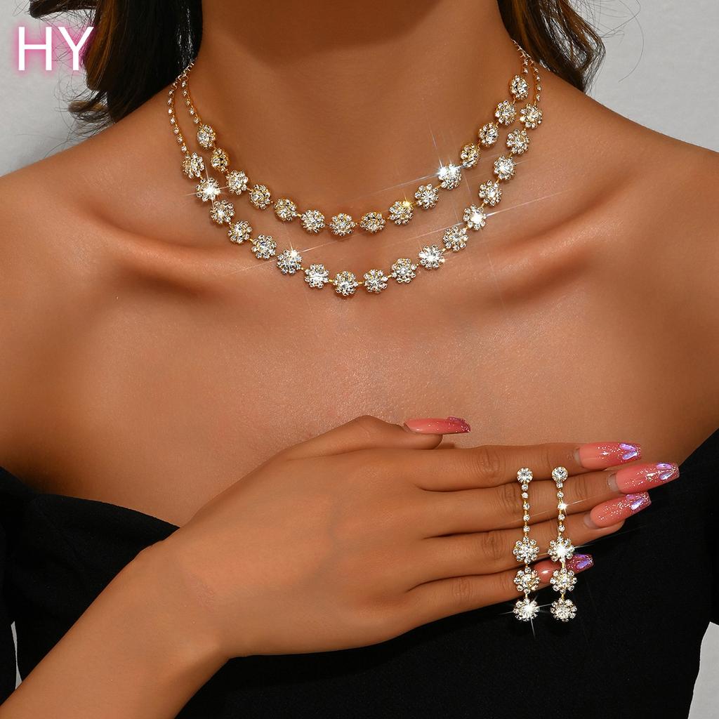 HY Women's 3 Piece Luxury Set Fashionable Shiny Rhinestone Necklace Earrings Bracelet for Anniversaries Party Gift