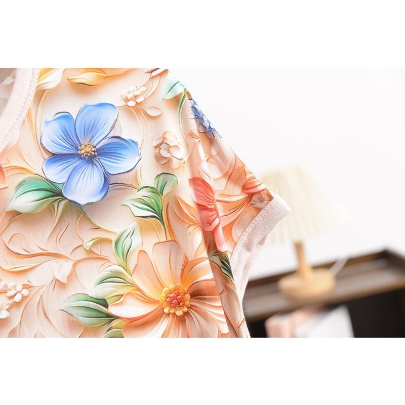 Dam Silke Jacquard Rundhals Kortärmad Tunn Mamma T-shirt Sommar Stor Storlek Blommig Bekväm Andningsbar Mångsidig Lös Topp