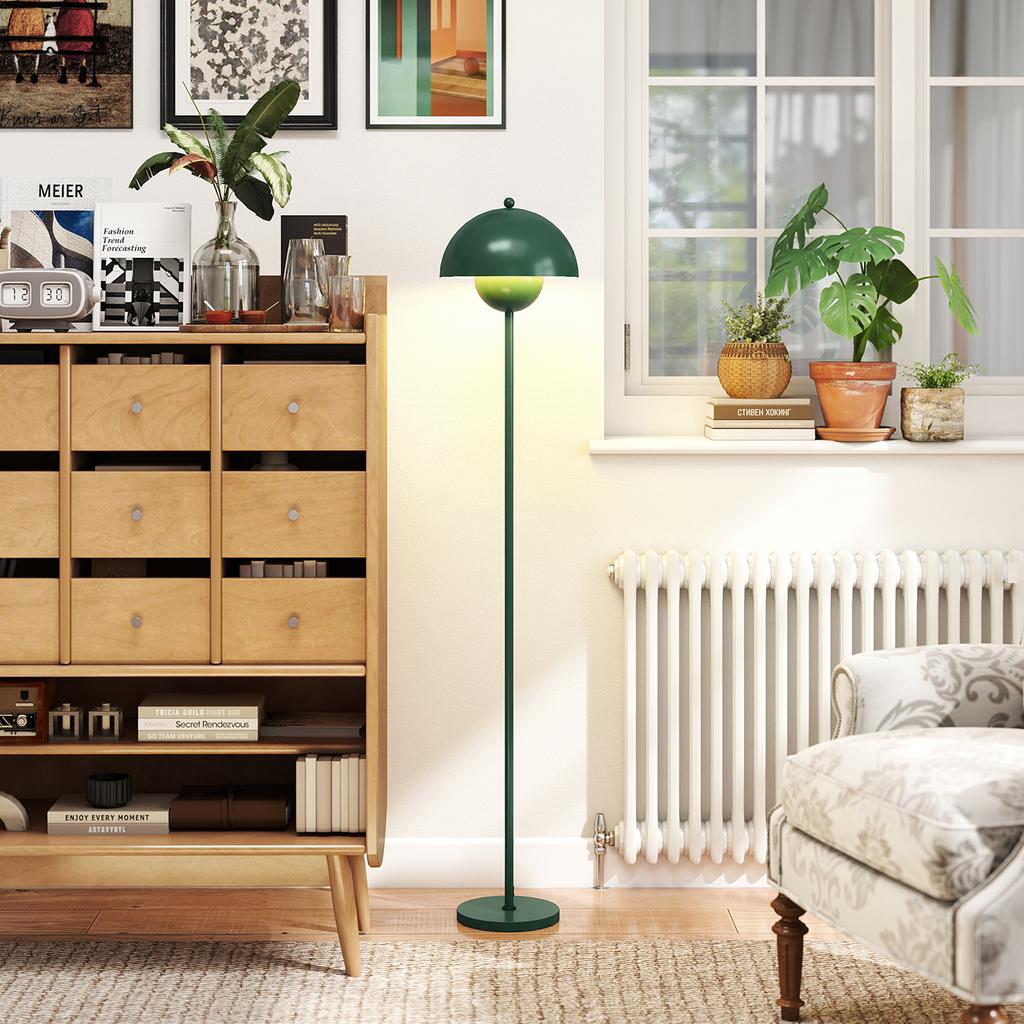 Floor Lamp, Round Shade, Foot Switch, Long Cable, Elegant Look, Steel, Green