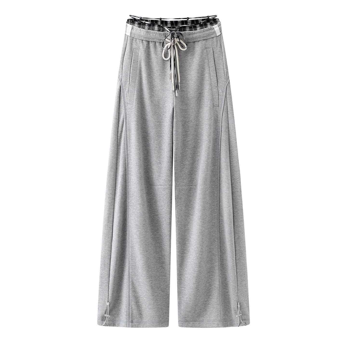 In Stock: Spring 2026 Women s Color Block Plaid Waistband Patchwork Casual Sweatpants (RK11301038) Small серый