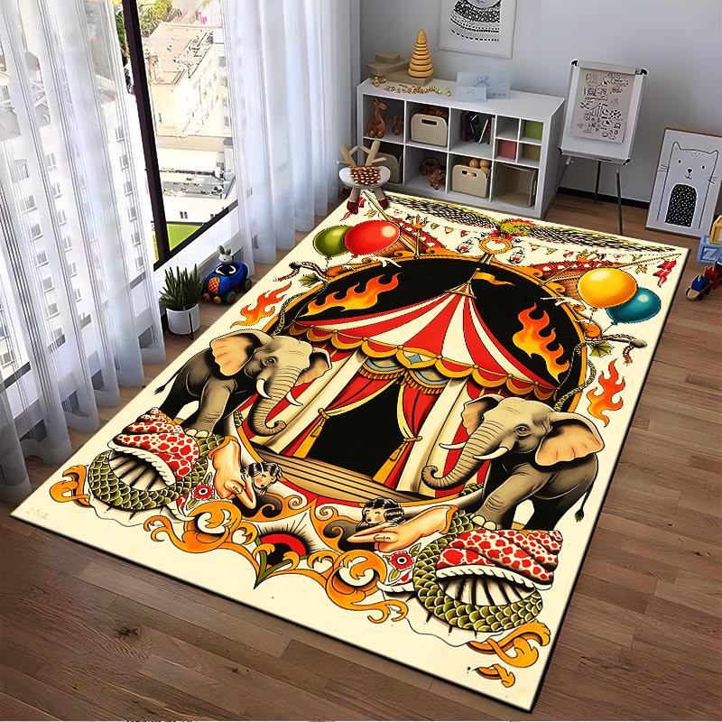 Circus Theme Carpet with Elephants, Tent, Balloons, and Fire Design Suitable for use as an anti-slip for living room bedroom sofas