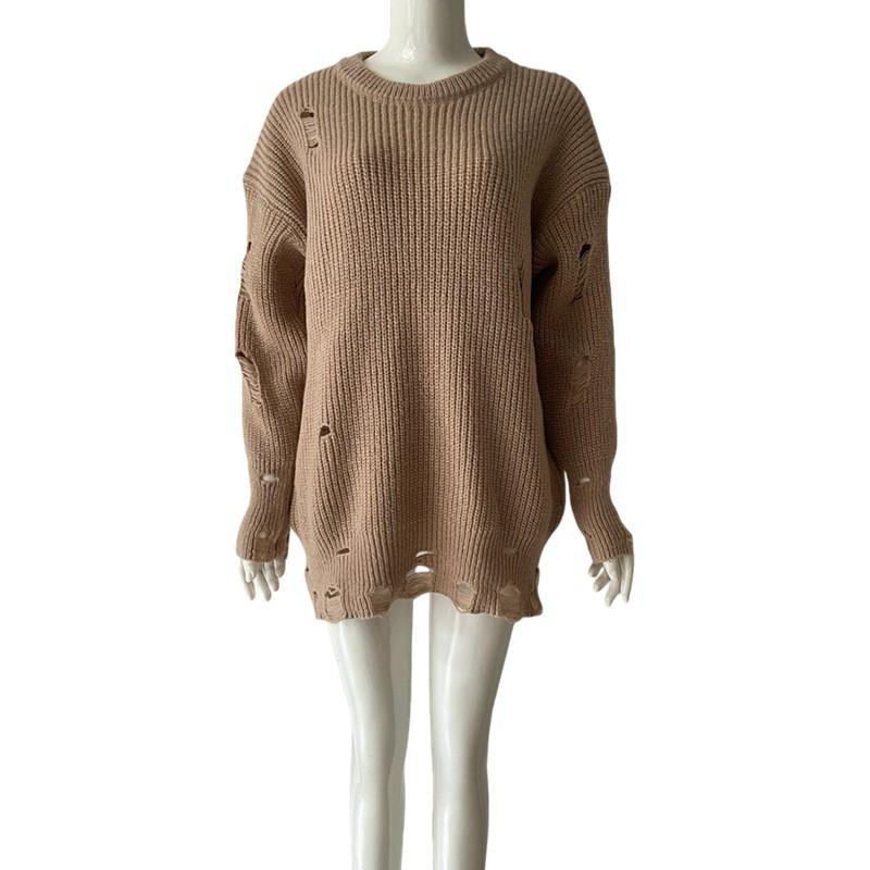 Womens Oversized Knit Sweater Dress Loose Fit Round Neck Solid Color Long Sleeve Mid-Length Pullover Winter