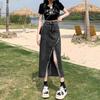 Women's High Waist Denim Skirt A-Line Midi Skirt Retro Style Fringe Split Casual Summer Skirt
