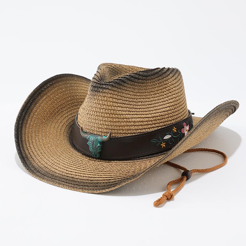Embroidered cow head belt western cowboy hat new summer outdoor leisure sunscreen sunshade mountaineering straw hat