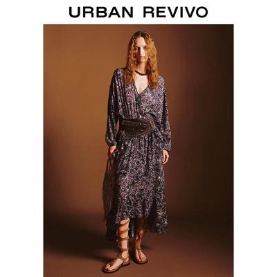 UR 2025 Women's Bohemian V-Neck Printed Tie-Waist Maxi Dress