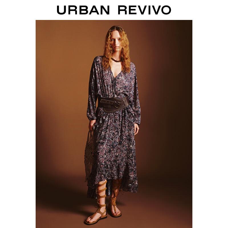 

UR 2025 Женское богемное макси-платье с V-образным вырезом, принтом и завязкой на талии S