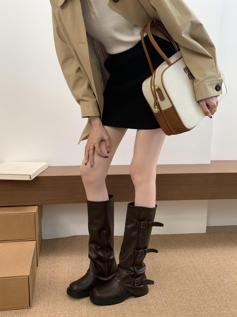 French Thick-soled Thick-heeled Belt Buckle Pleated Boots 2025 New Sweet and Cool Babes Stacked Pants Tube Boots Knight Boots