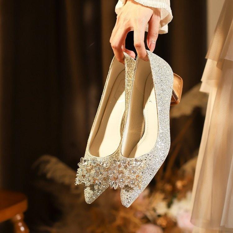 New Silver Champagne High Heels Wedding Shoes Women's French Sequins Crystal Bridesmaids Thick Heel Temperament French