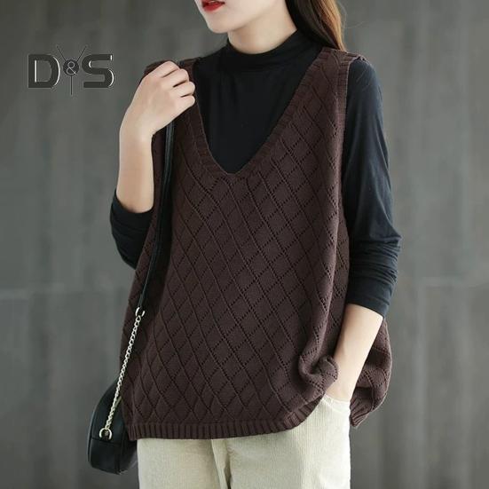 Πλεκτό πουλόβερ γυναικείο γιλέκο άνοιξη φθινοπώρου Ρετρό V λαιμόκοψη Φαρδύ αμάνικο μονόχρωμο πουλόβερ με κούφια υφή ρόμβου καθημερινά μπλουζάκι