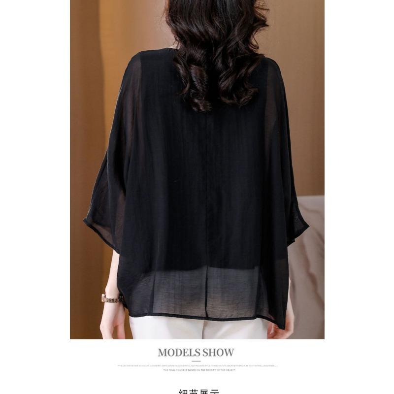 New Chiffon Shirt Solid Color Women's Mid-sleeve T-shirt Round Neck Loose French Top Trendy