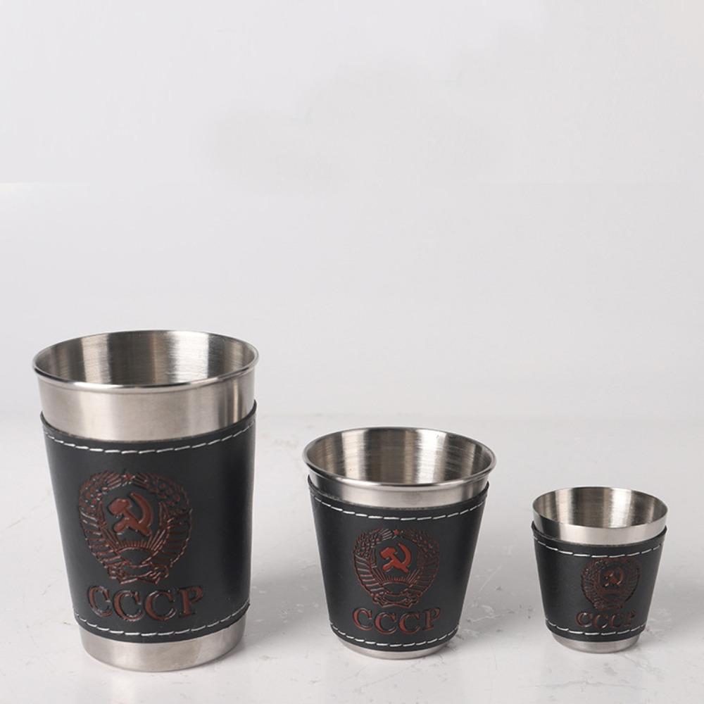 4Pcs Portable Outdoor Travel Cups Set Stainless Steel Portable Design Coffee Cup with PU Leather Cup Sleeve Beer Cup Camping
