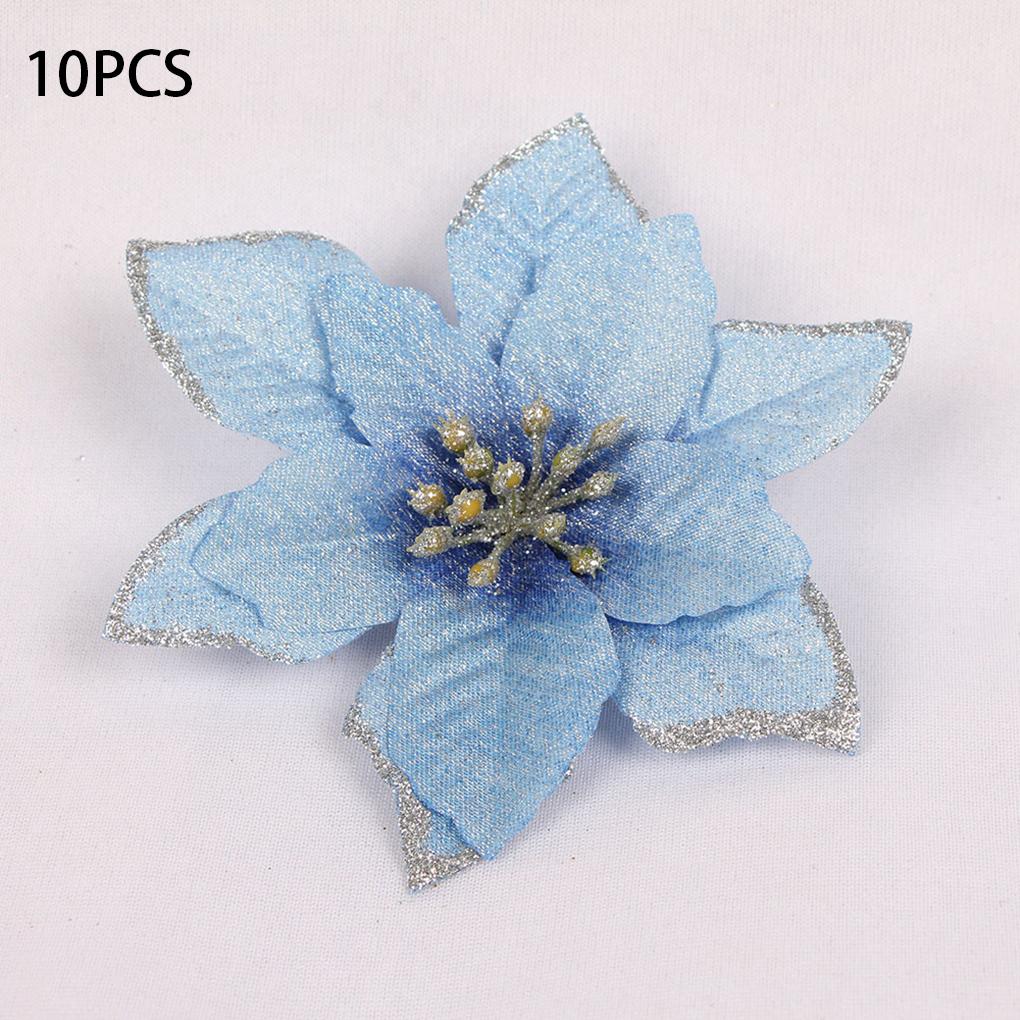 Pack of 10 Christmas Glitter Flowers Artificial Simulation Decoration Large Flower Heads Household Farmhouse Ornament