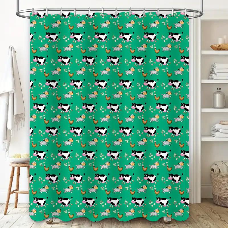 Farm Fresh Shower Curtain Cow Chicken Print Home Decor Waterproof Fabric Kitchen Bath Rug Blue Green Patterned Shower Panel Set