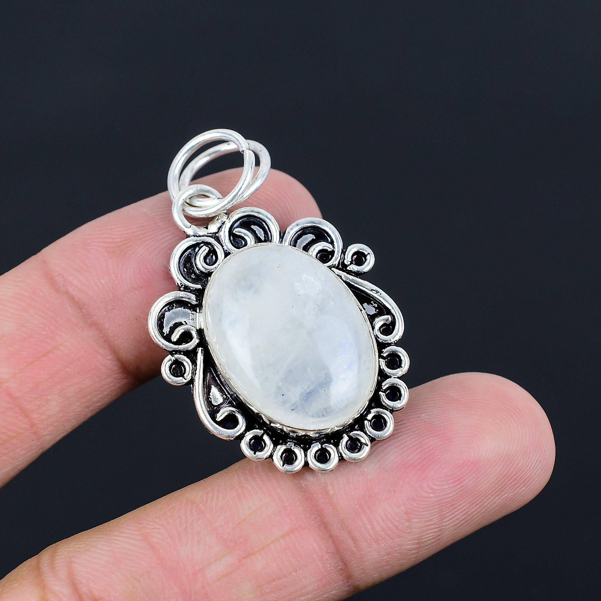 

Sterling Silver Natural Rainbow Moonstone Wedding Engagement Handcrafted Pendant