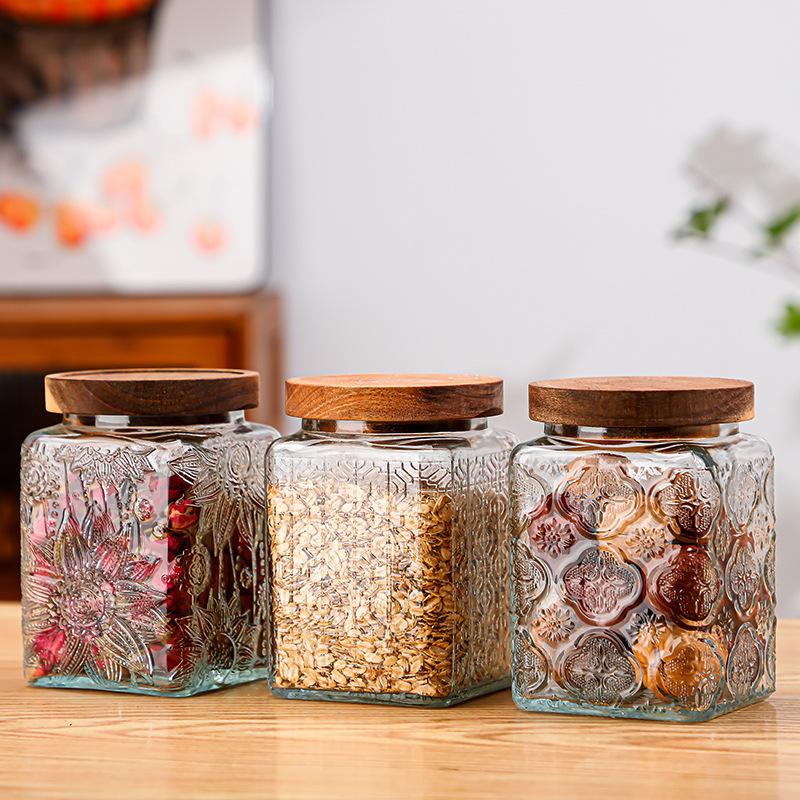 Clear Glass Storage Jar 700ml Candy Jar Household Square Glass Bottle Tea Leaves Grains Dried Fruit Snack Storage Box Home Decor