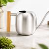 Stainless Steel Watering Can Modern with Wooden Handle Silver Vessel for Plant Lovers,