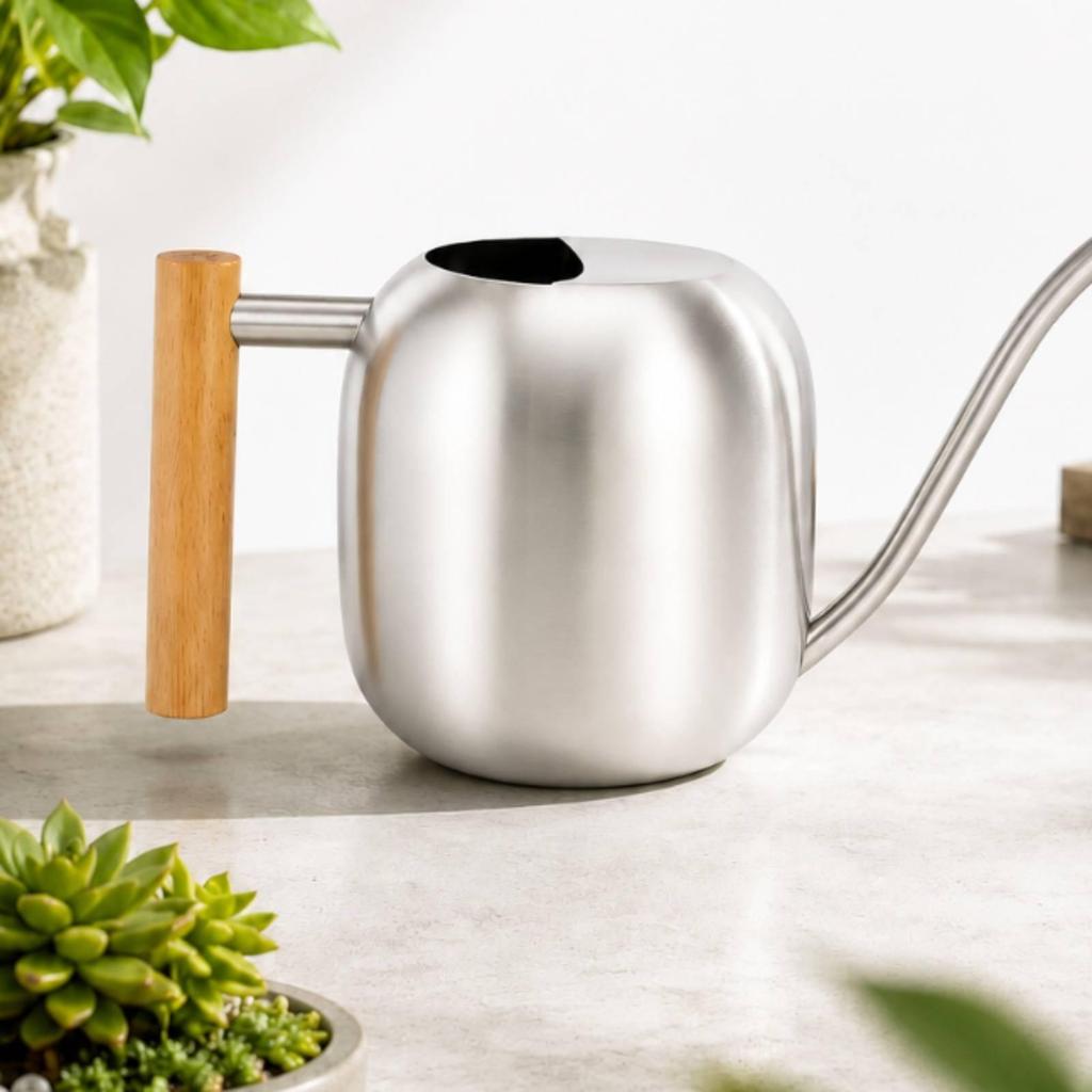 Stainless Steel Watering Can Modern with Wooden Handle Silver Vessel for Plant Lovers,