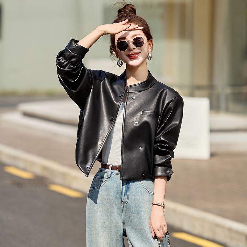 2025 Spring Women's High-End Petite Round Neck Loose Short Leather Jacket WA2513