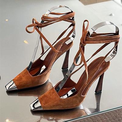 Mode Sexy Metall Design Spitz Frauen Pumpen Retro Kreuz Riemen Wildleder High Heels Mode Römischen Dünnen Absätzen Sandalen Tacones Mujer